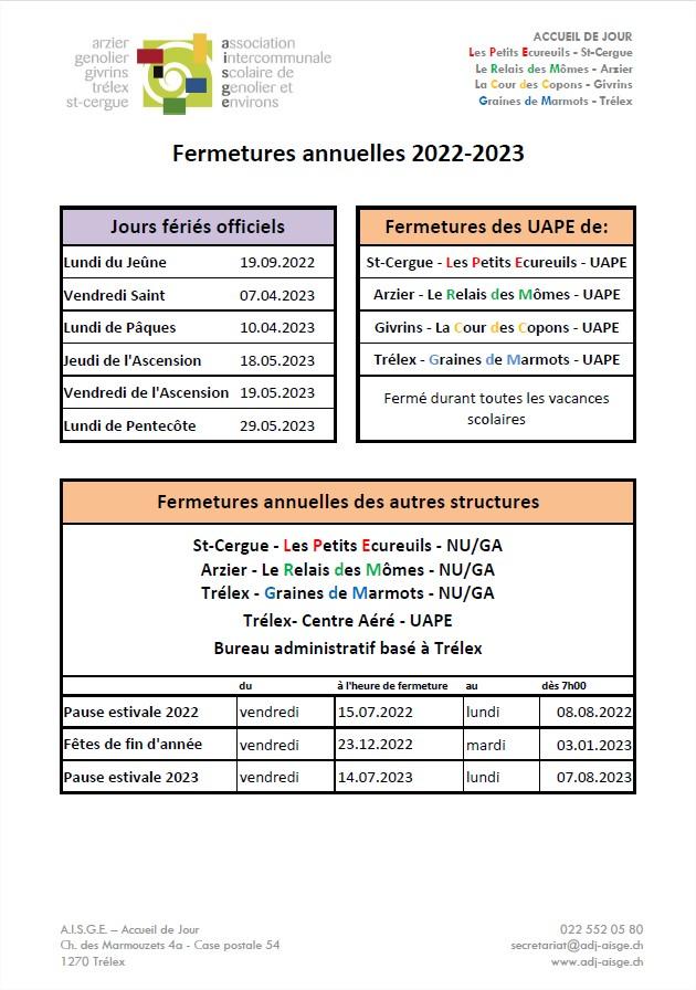 Fermetures annuelles 2022-2023