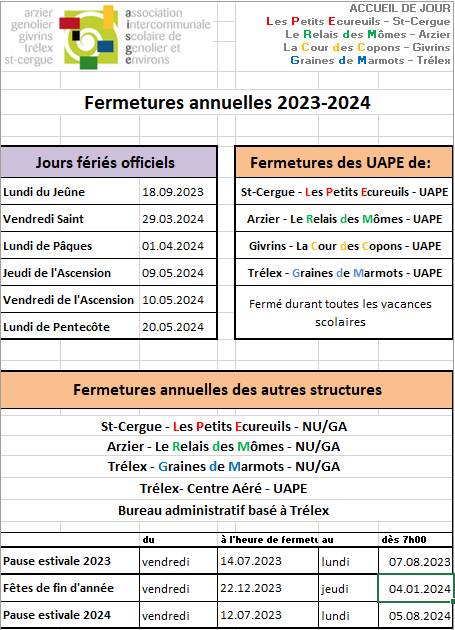 Fermetures annuelles 2023-2024