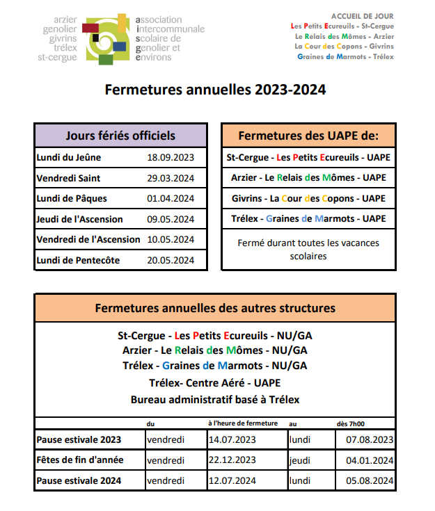 Fermetures annelles 2023-2024