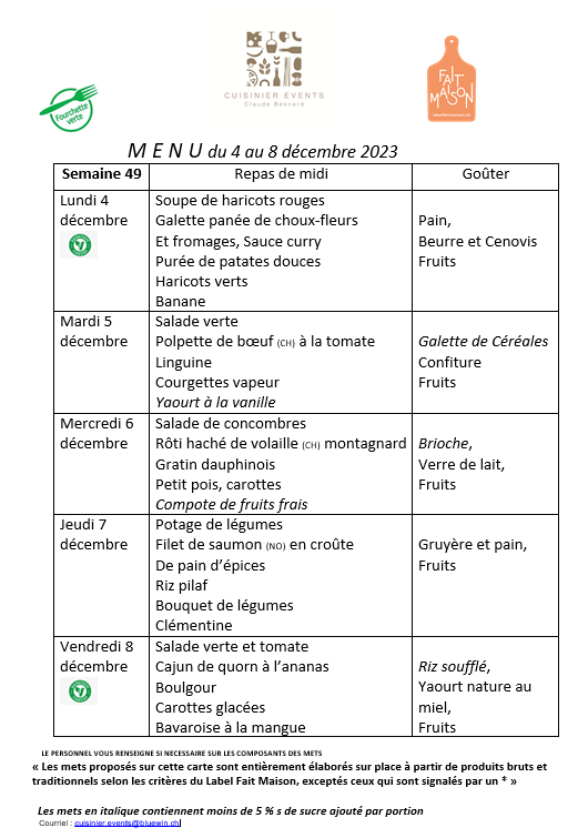 Menus semaine 49
