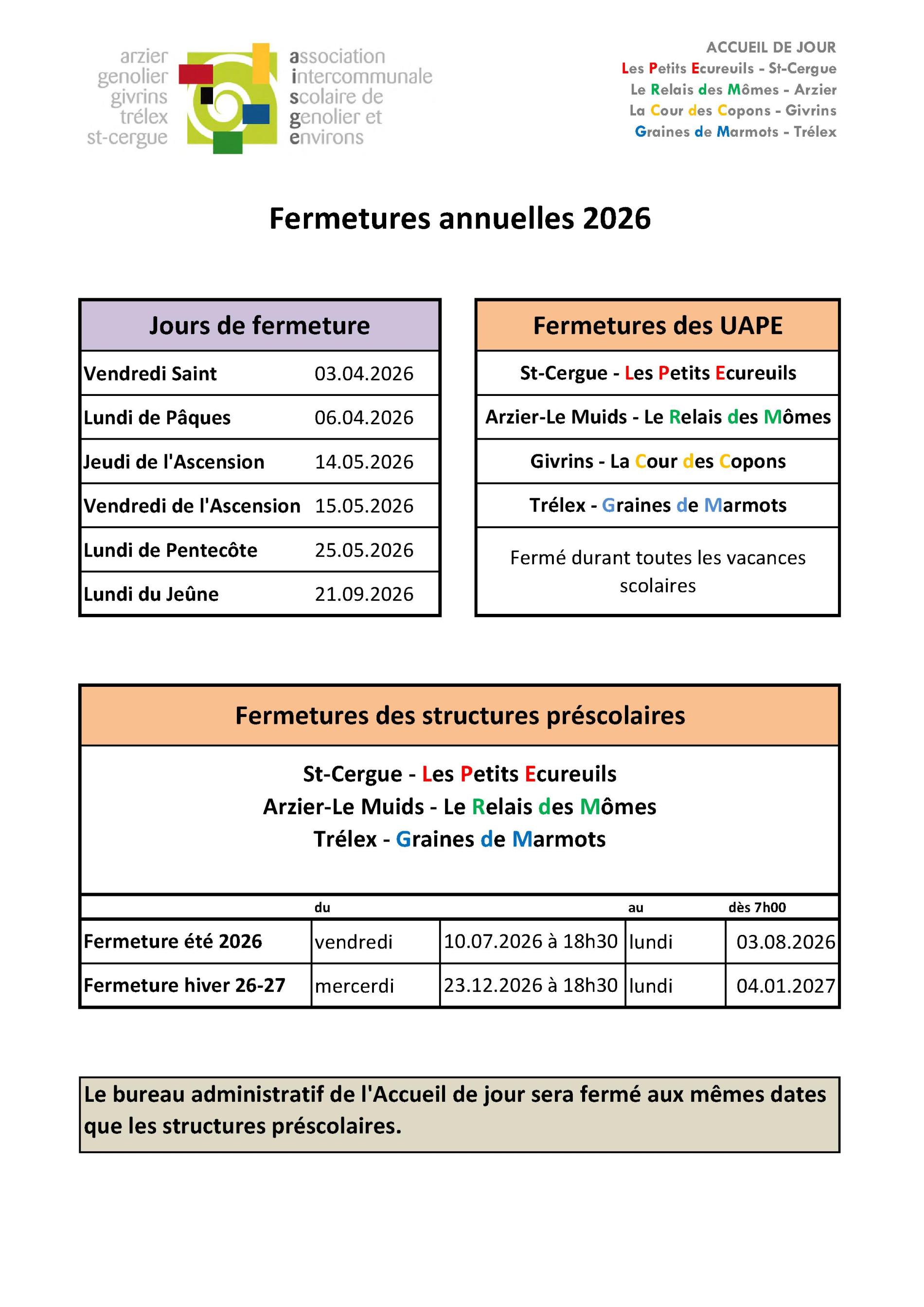 Fermetures annuelles 2026
