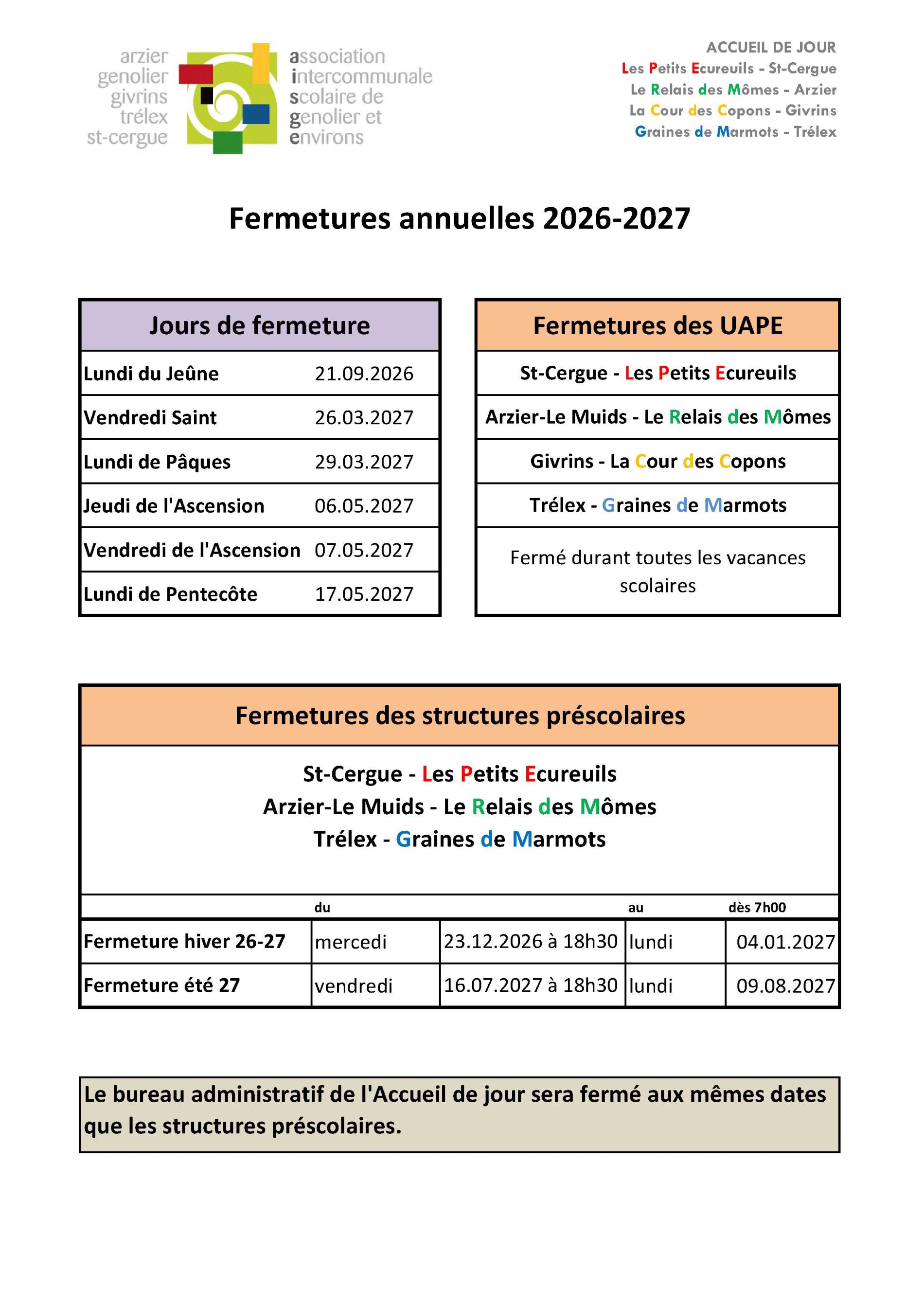 Fermetures annuelles 2026-2027